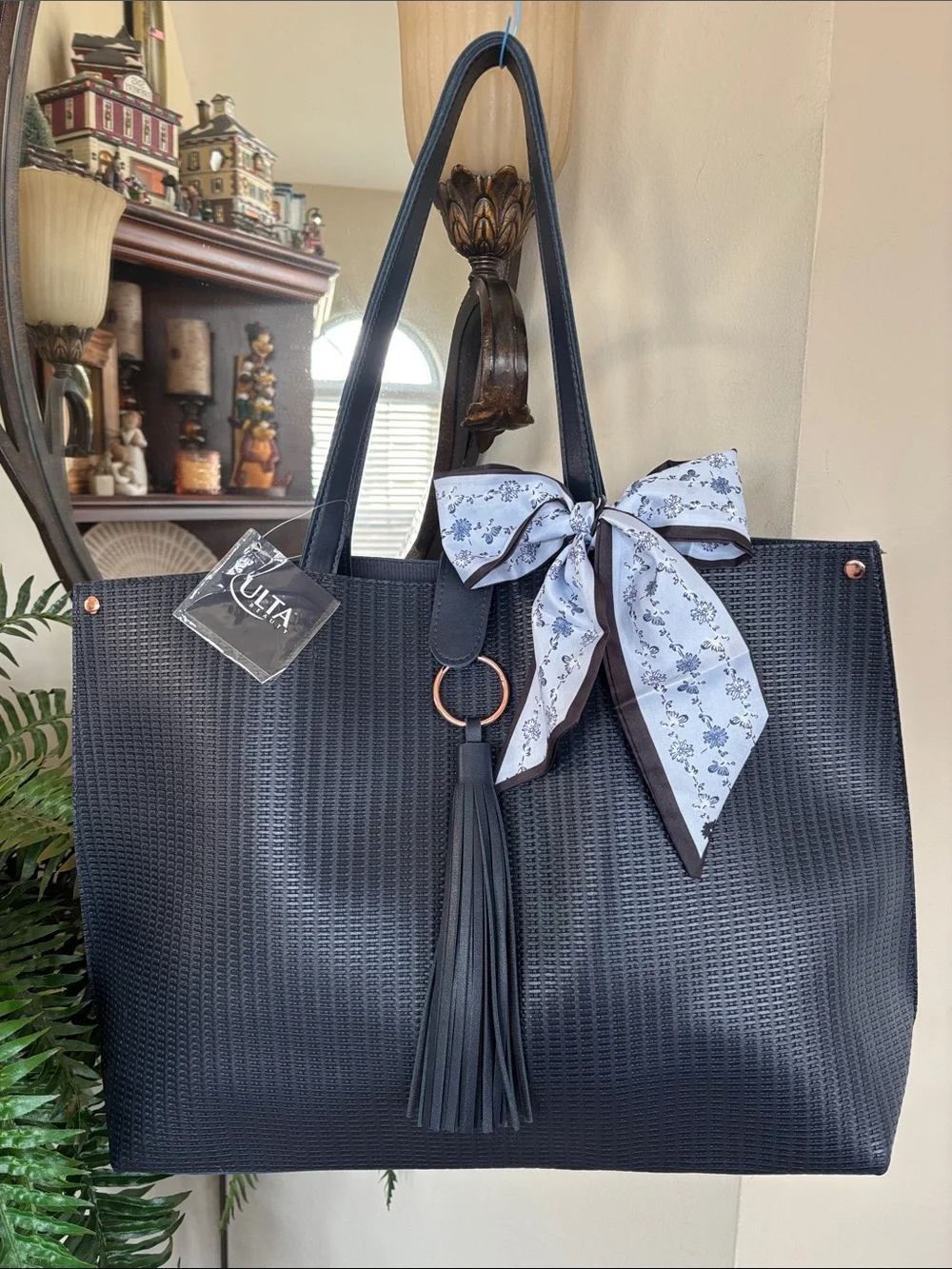 Chic Textured Navy Tote Shoulder Bag Tassel & Scarf Bow Laptop Office Snap Close